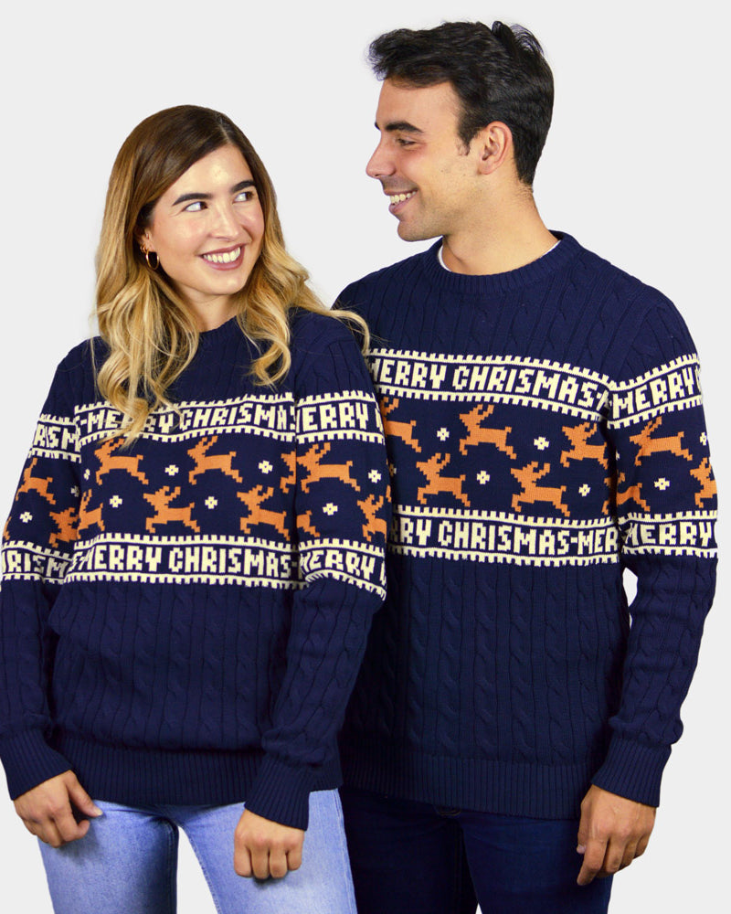 Classy Blue Organic Cotton Womens Christmas Mens Jumper Reindeers
