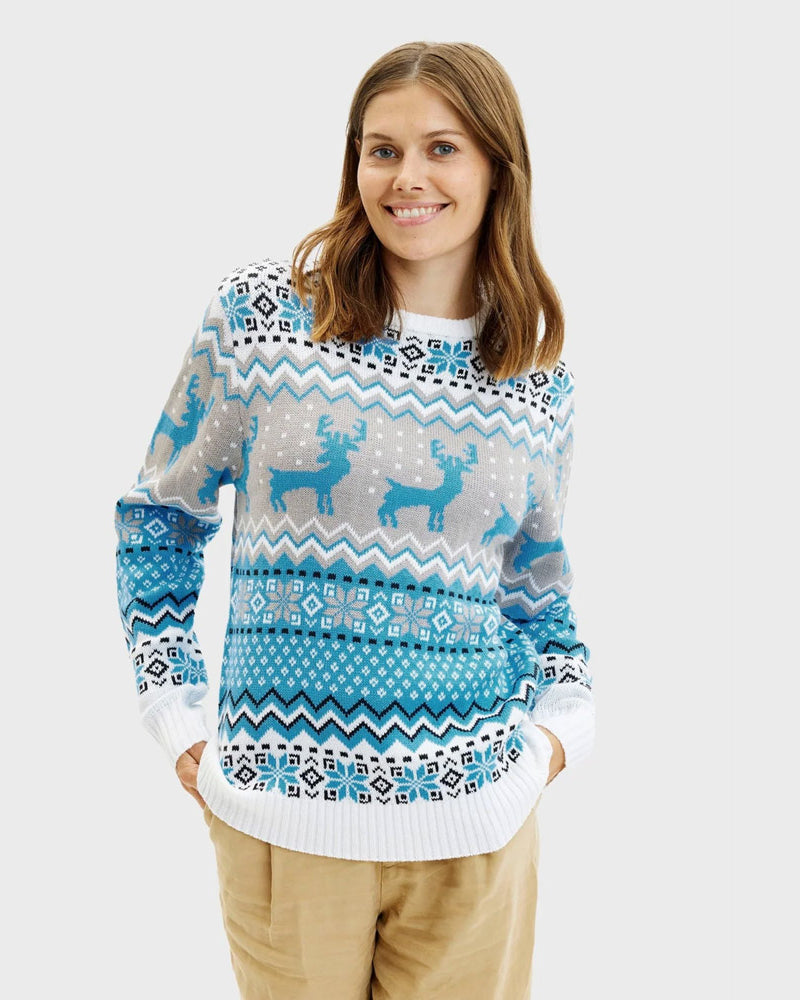 Classy White, Grey Womens Blue Couples Christmas Jumper Reindeers