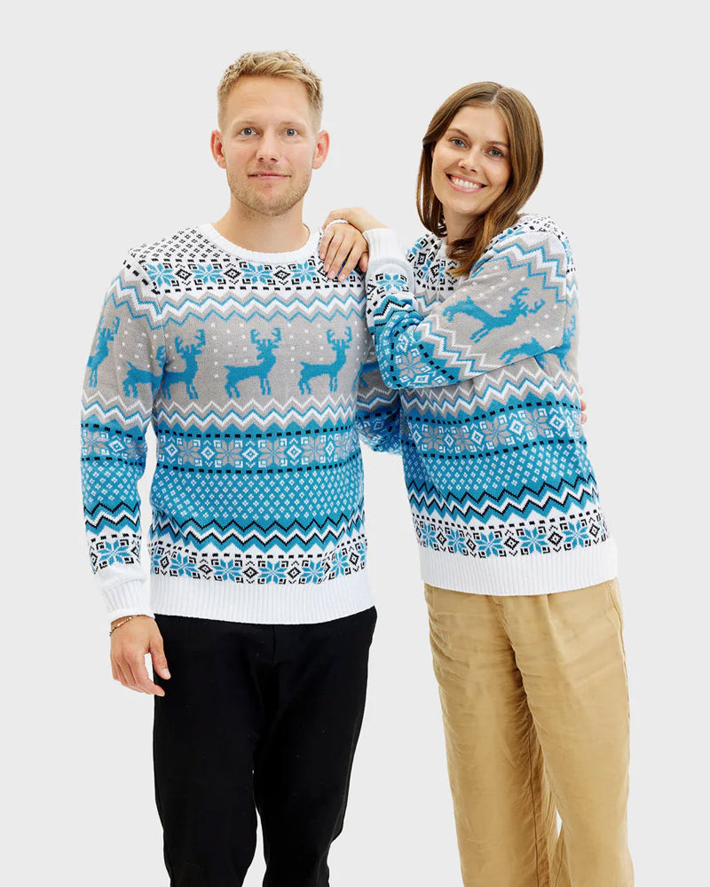 Classy White, Grey and Blue Mens Christmas Jumper Reindeers Womens