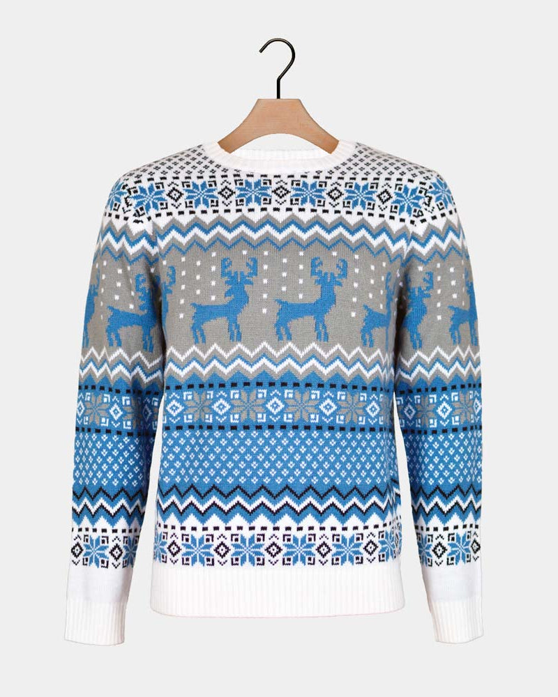 Classy White, Grey and Blue Men's Christmas Jumper with Reindeers