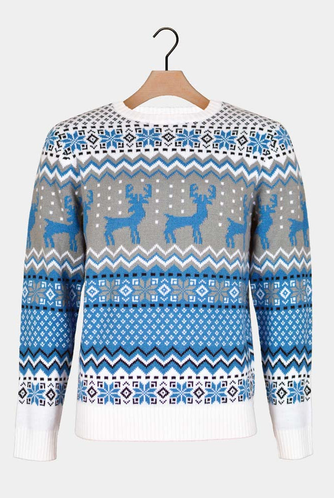 Classy White, Grey and Blue Men's Christmas Jumper with Reindeers
