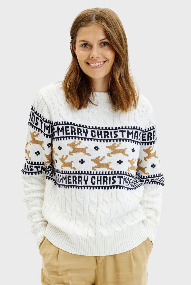Classy White Organic Cotton Womens Christmas Jumper Reindeers