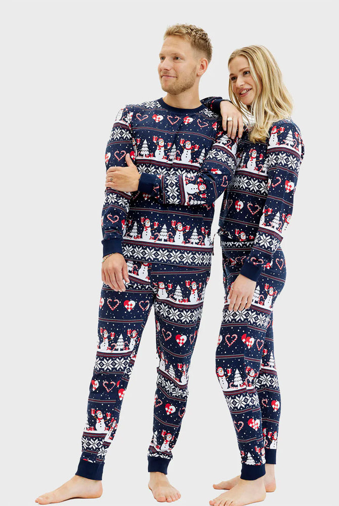 Blue Christmas Pyjama for Women and Men Snowmen and Hearts couples