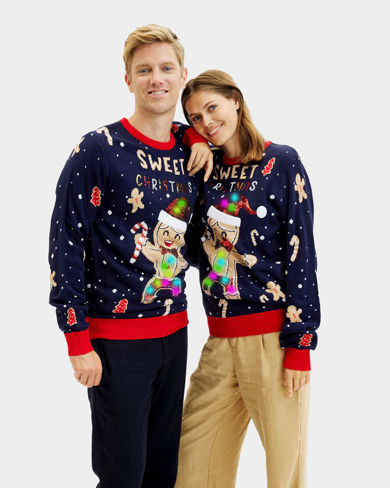 Blue LED light-up Couples Christmas Jumper Ginger Cookie