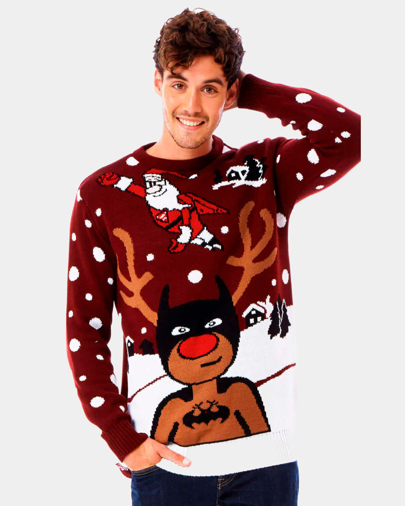 Couple's Christmas Jumper with Batman Rudolph and Superman Santa mens