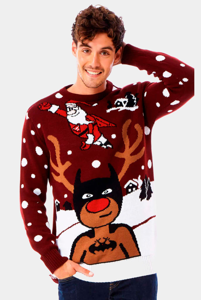 Couple's Christmas Jumper with Batman Rudolph and Superman Santa mens