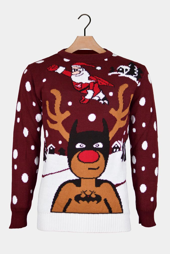 Couple's Christmas Jumper with Batman Rudolph and Superman Santa
