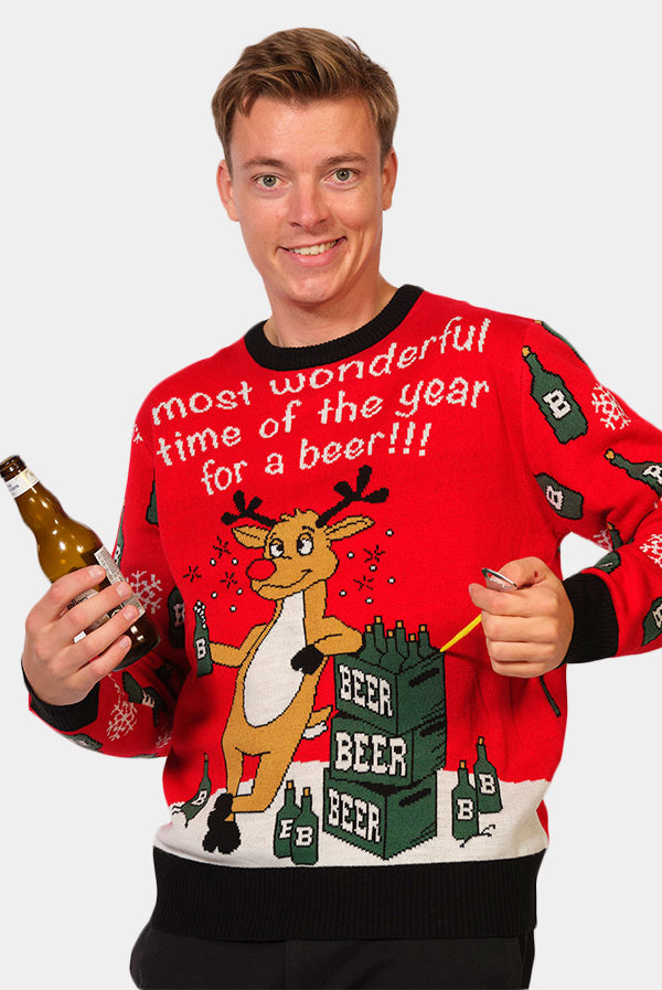 mens Couple's Christmas Jumper with Reindeer + Beer Opener