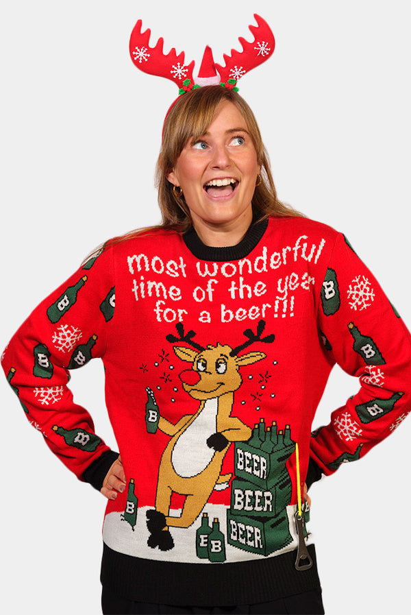 Couple's Christmas Jumper with Reindeer + Beer Opener womens