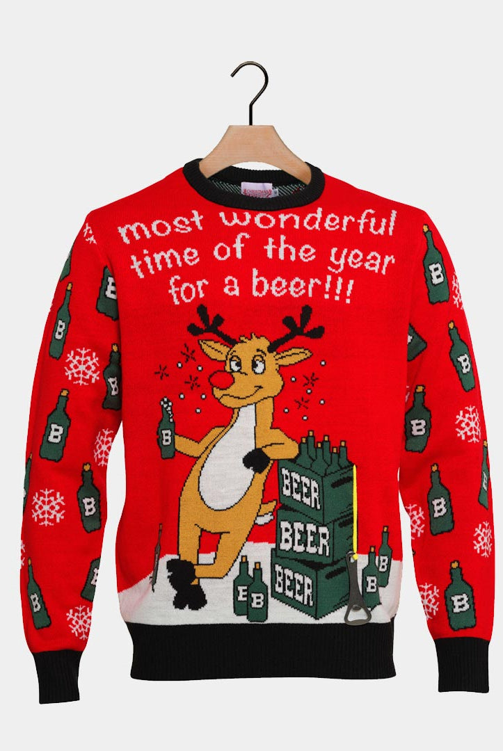 Couple's Christmas Jumper with Reindeer + Beer Opener detail