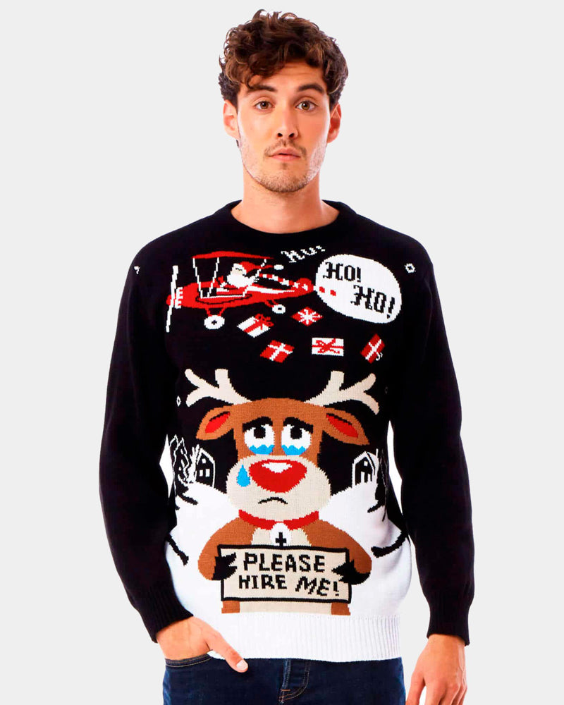 Mens Couple's Christmas Jumper with Reindeer looking for a Job