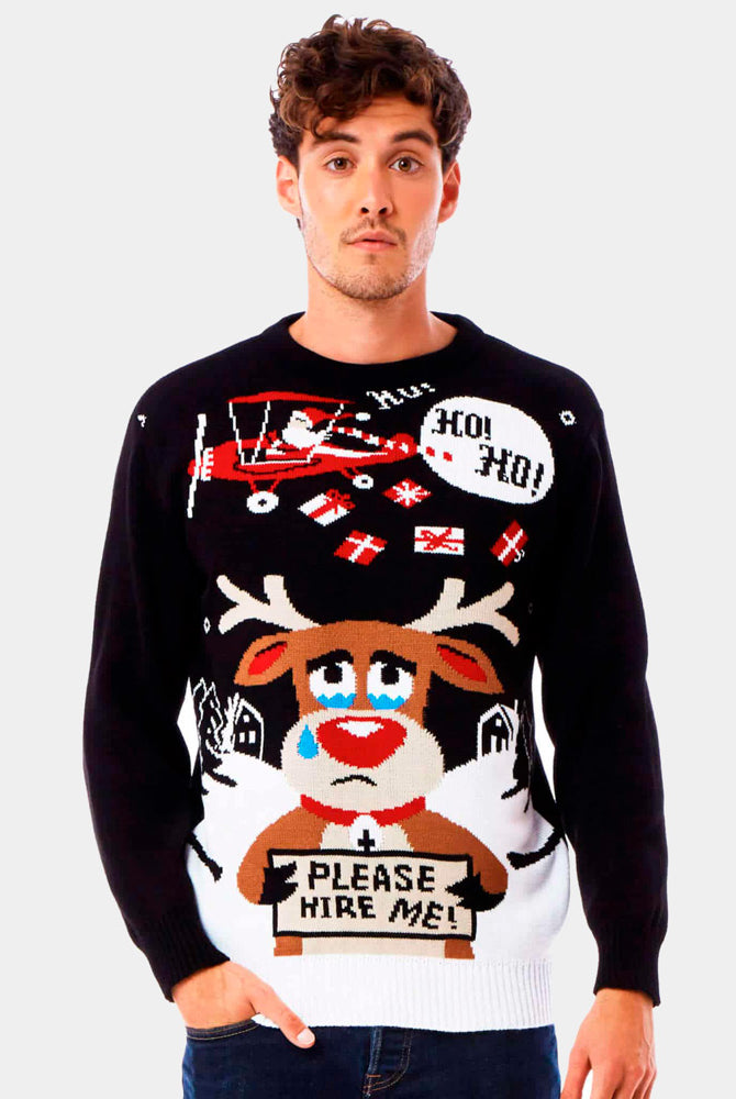 Mens Couple's Christmas Jumper with Reindeer looking for a Job