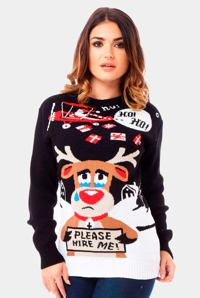 Couple's Christmas Jumper with Reindeer looking for a Job