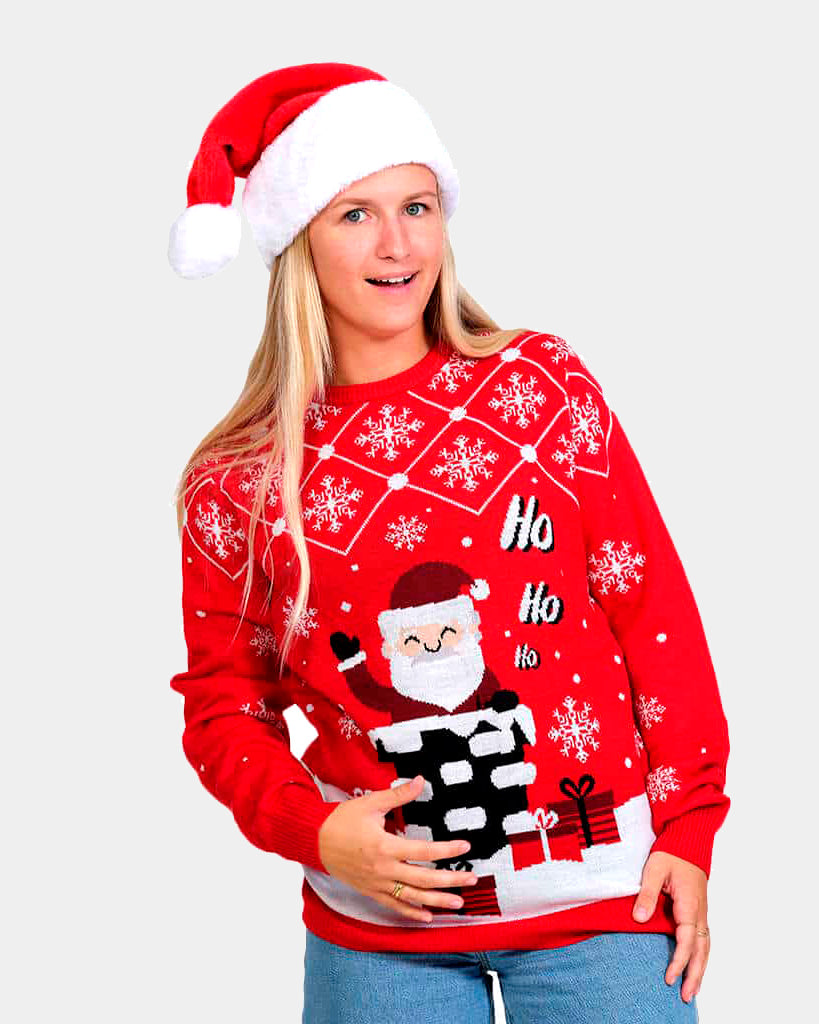 Couple's Christmas Jumper with Santa Coming through the Chimney womens