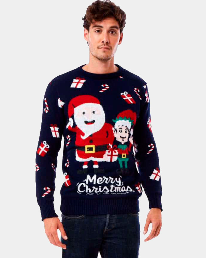 Couple's Christmas Jumper with Santa and Elf mens