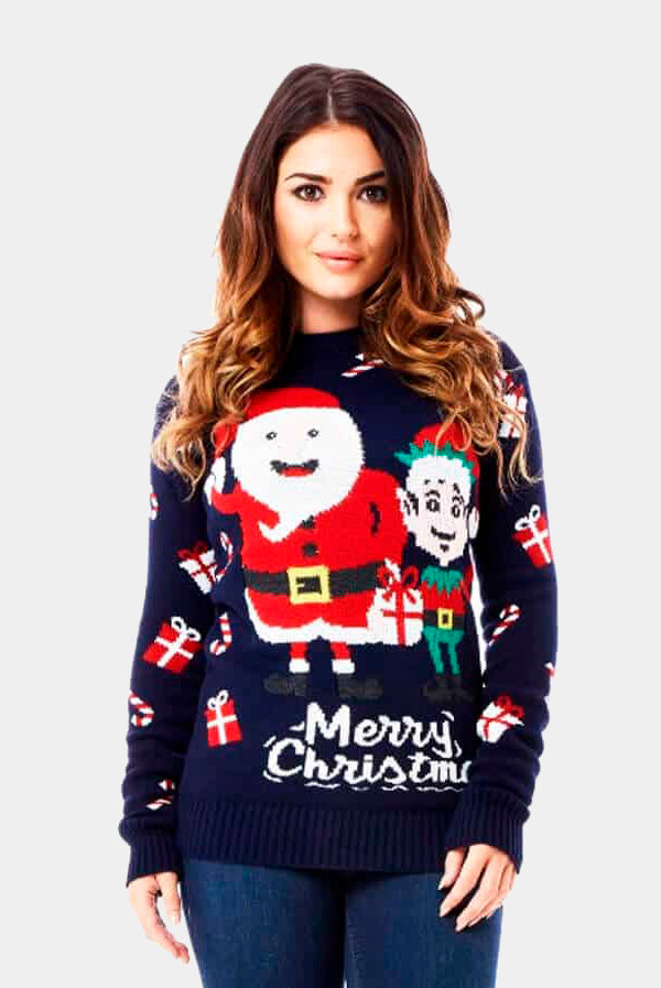womens Couple's Christmas Jumper with Santa and Elf