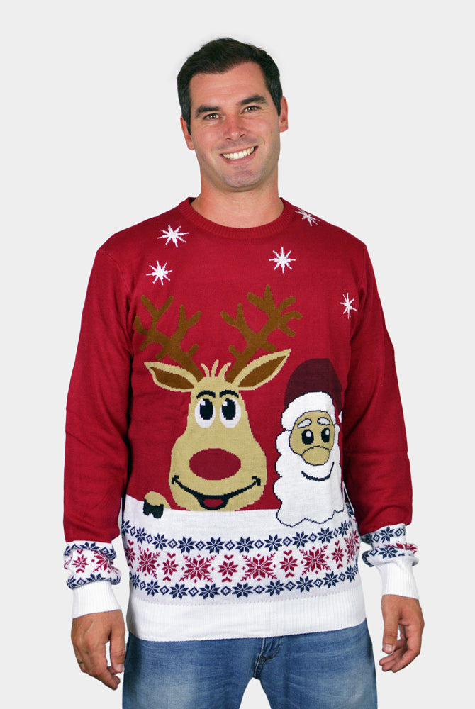 Couple's Christmas Jumper with Santa and Rudolph Smiling mens