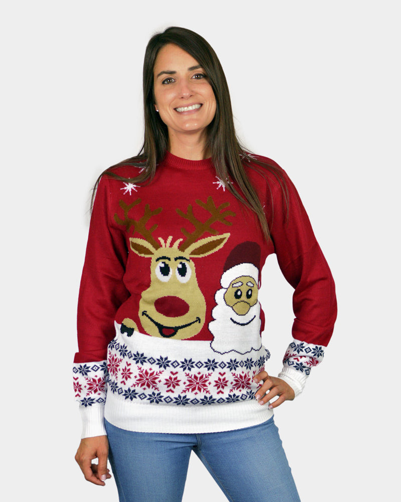 Couple's Christmas Jumper with Santa and Rudolph Smiling womens