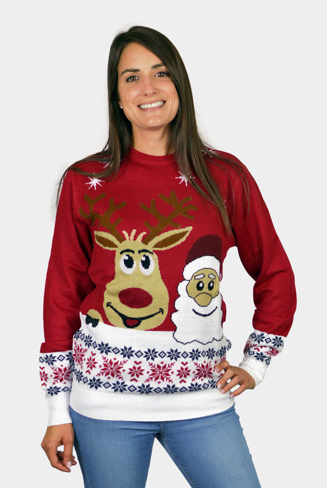 Couple's Christmas Jumper with Santa and Rudolph Smiling womens