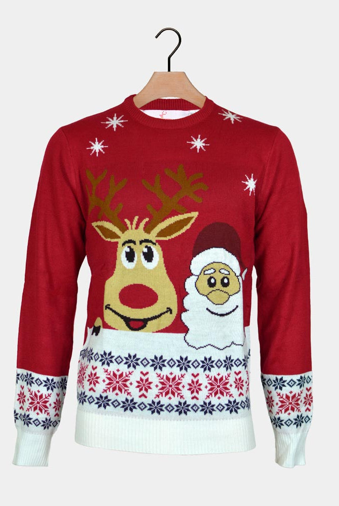 Christmas Jumper Couples Santa and Rudolph Smiling