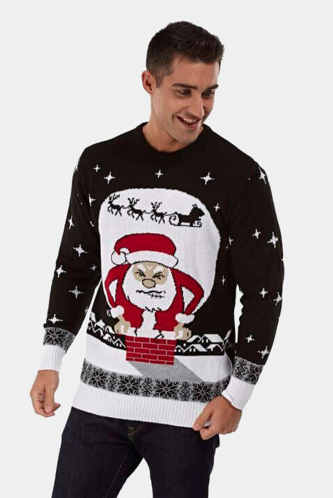 mens Couple's Christmas Jumper with Santa stuck in the Chimney