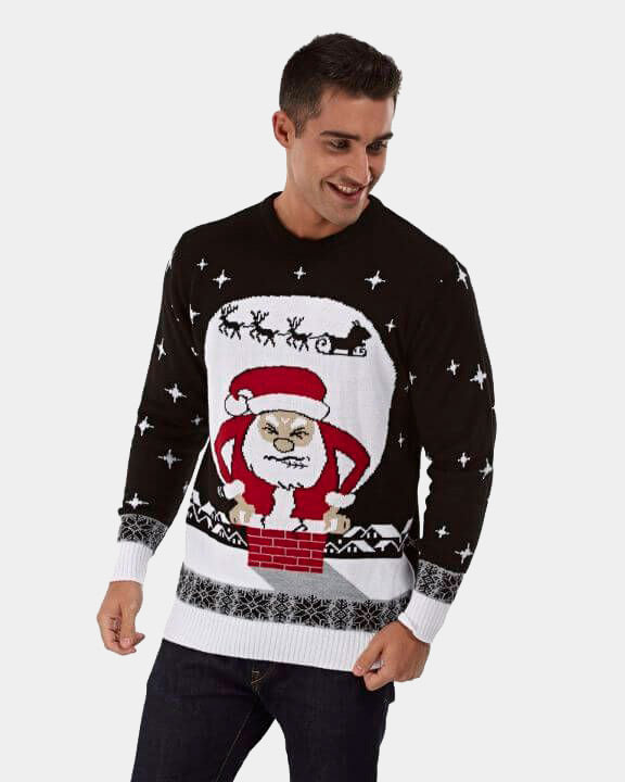 mens Couple's Christmas Jumper with Santa stuck in the Chimney