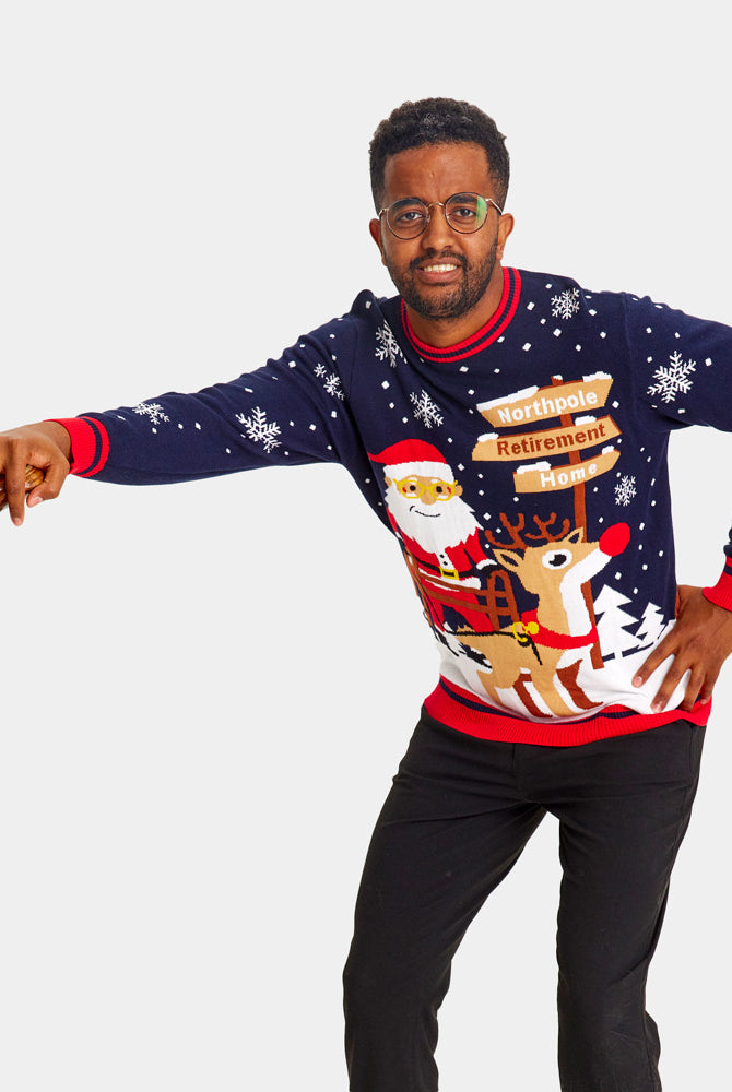 mens Couple's Christmas Jumper Santa with a Walker on the way to Retirement