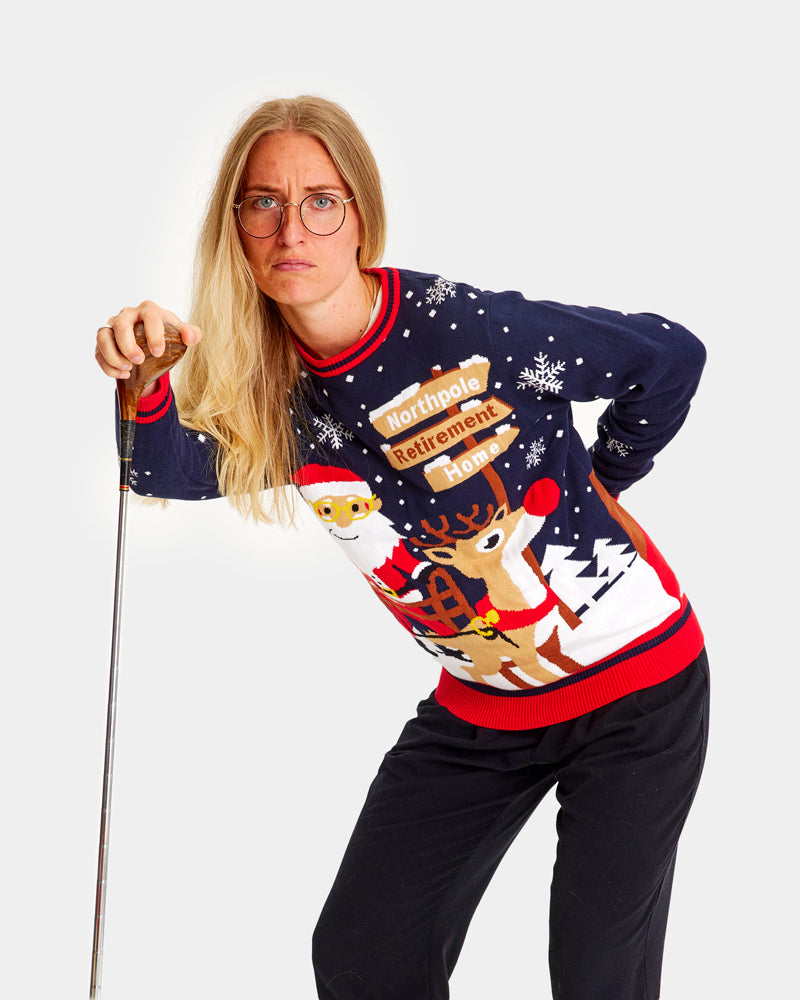 womens Couple's Christmas Jumper Santa with a Walker on the way to Retirement