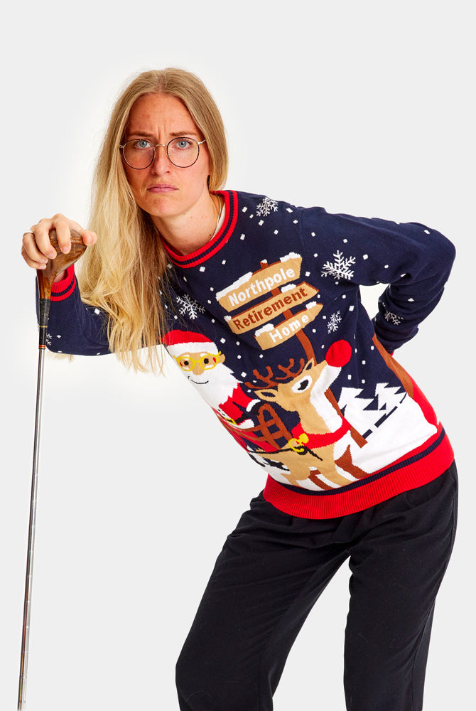 womens Couple's Christmas Jumper Santa with a Walker on the way to Retirement
