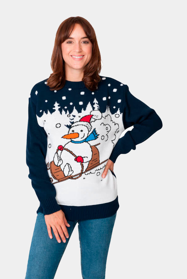 womens Couple's Christmas Jumper with Snowman on Sledge
