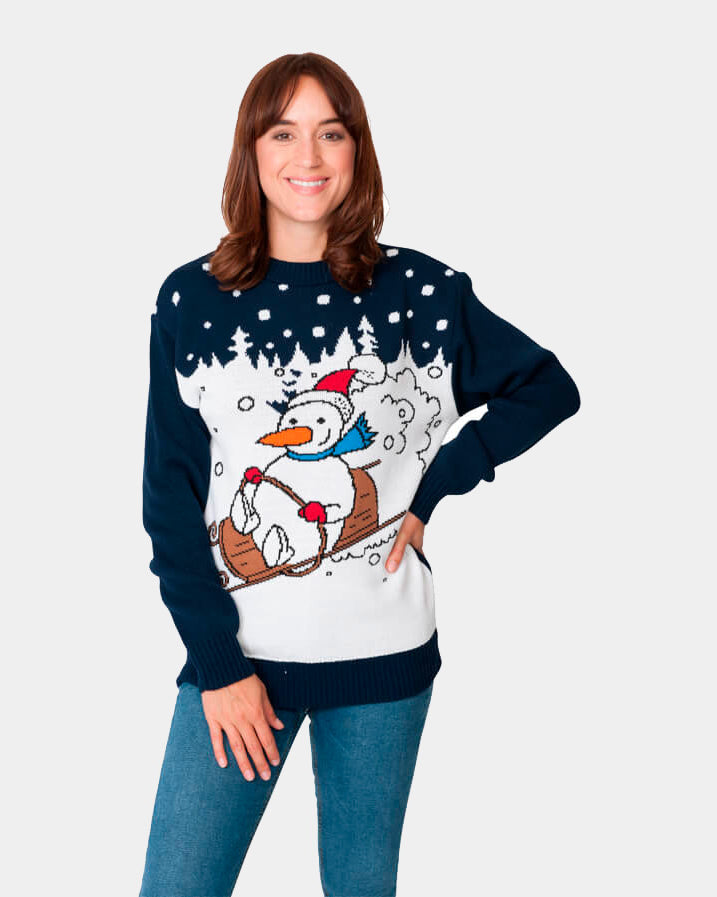 womens Couple's Christmas Jumper with Snowman on Sledge