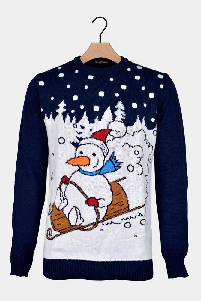 Couple's Christmas Jumper with Snowman on Sledge
