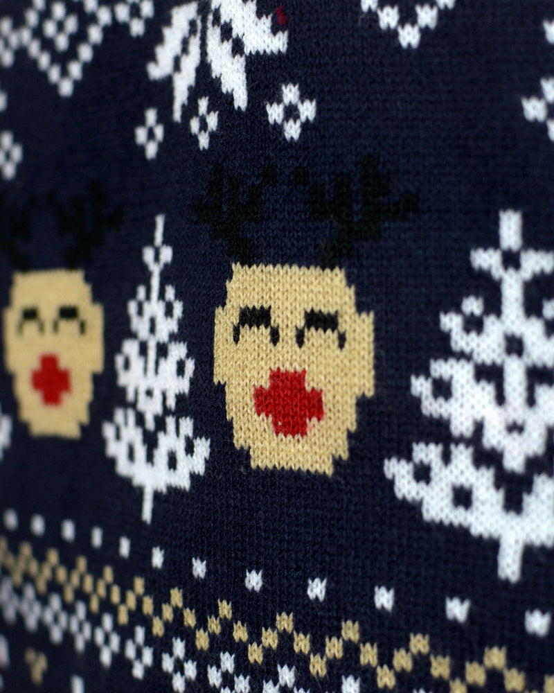Couples Christmas Jumper with Snowmen and Trees Blue