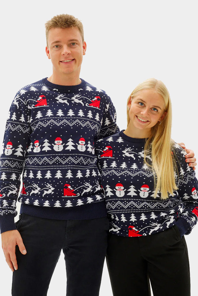 Couple's Christmas Jumper with Trees, Snowmen and Santa