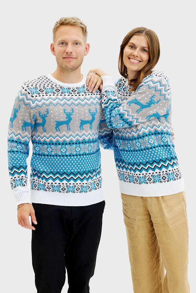 Classy White, Grey and Blue Couples Christmas Jumper Reindeers