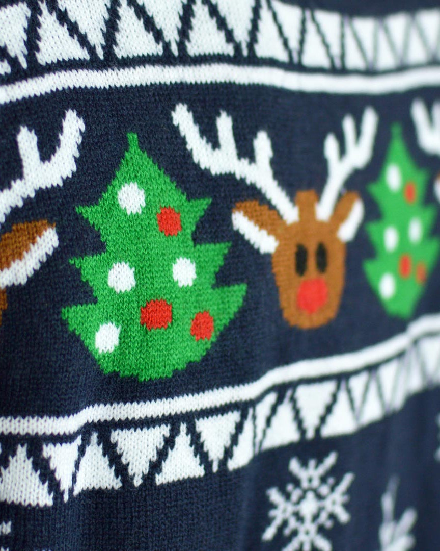 detail Blue Couple's Cardigan Christmas Jumper with Reindeers and Trees