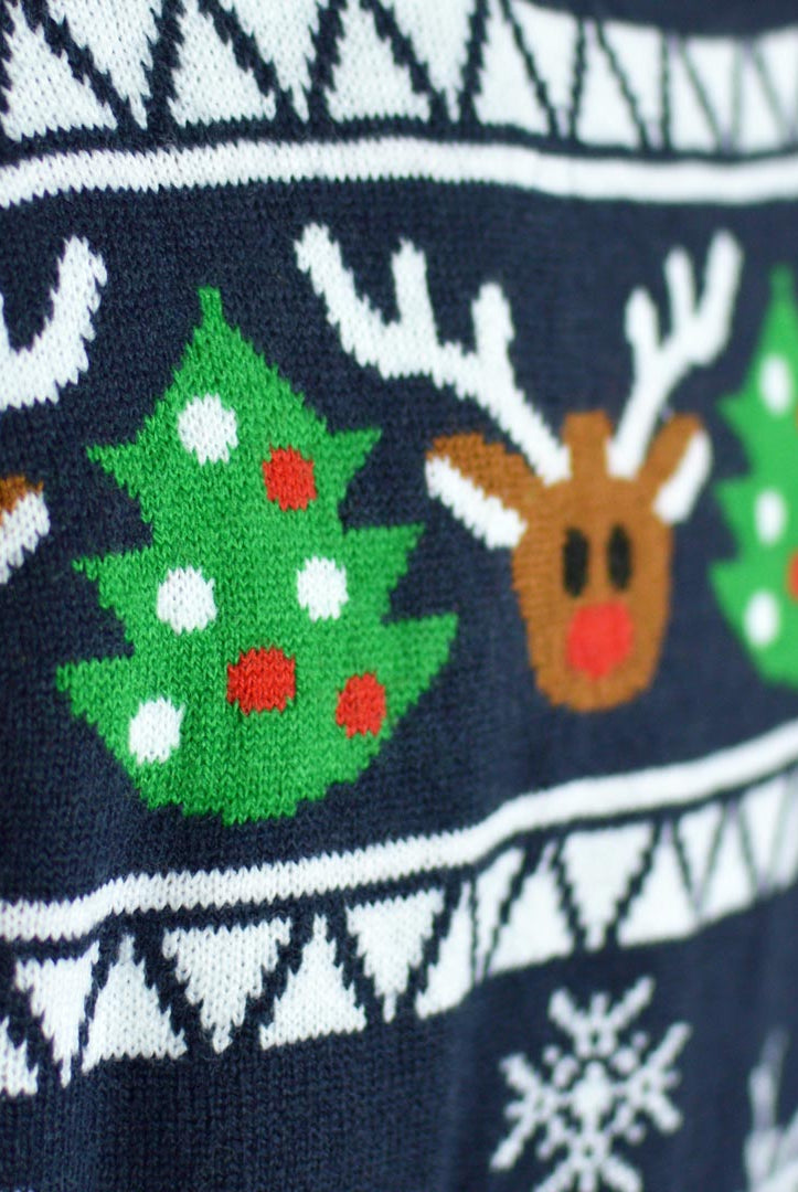 detail Blue Couple's Cardigan Christmas Jumper with Reindeers and Trees