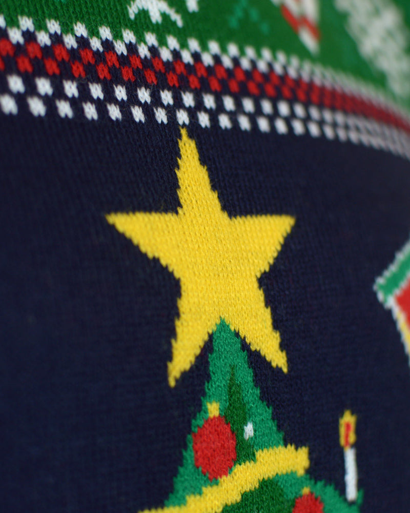 Blue LED light-up Couple's Christmas Jumper with Christmas Tree detail