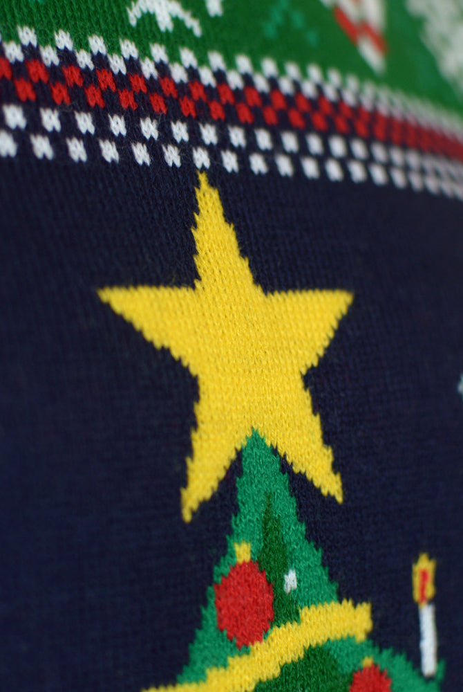 Blue LED light-up Couple's Christmas Jumper with Christmas Tree detail