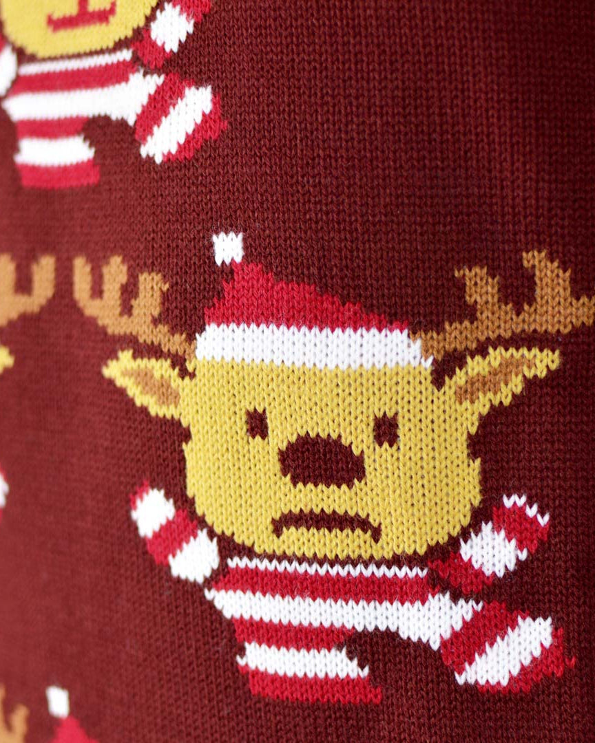 detail Burgundy Couple's Christmas Jumper with Reindeers, Christmas Tree and Star