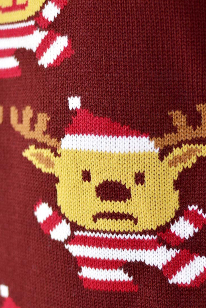 detail Burgundy Couple's Christmas Jumper with Reindeers, Christmas Tree and Star