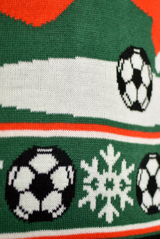 Green Couple's Christmas Jumper with Santa playing Football detail