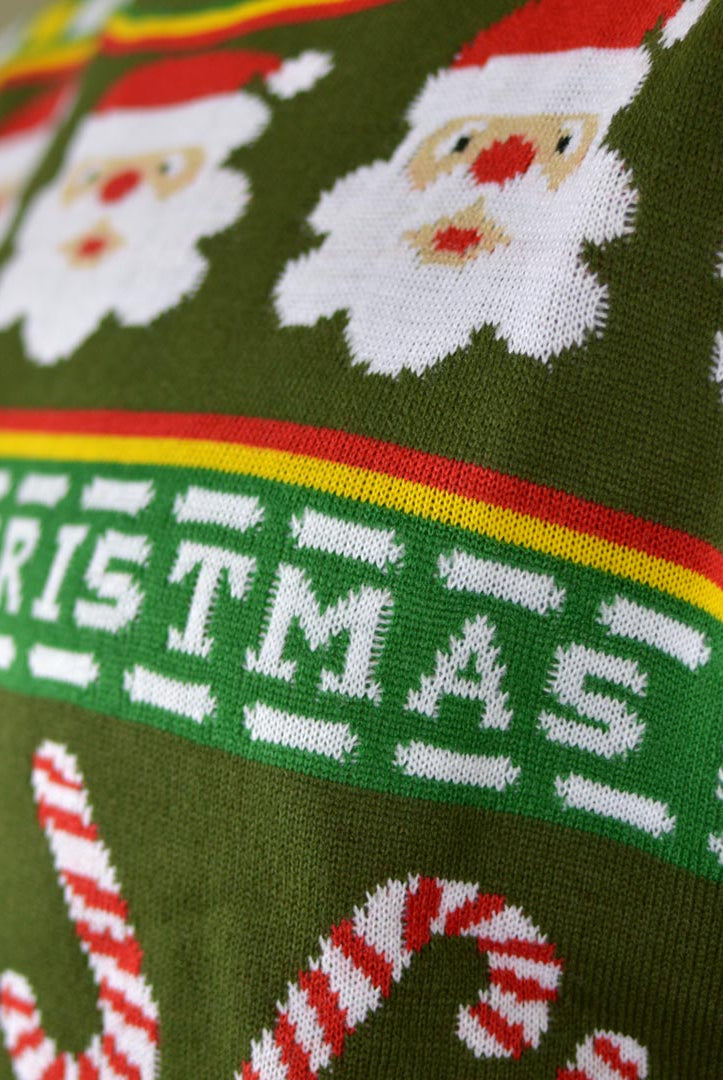 detail Family Green Christmas Jumper with Santa and Gifts