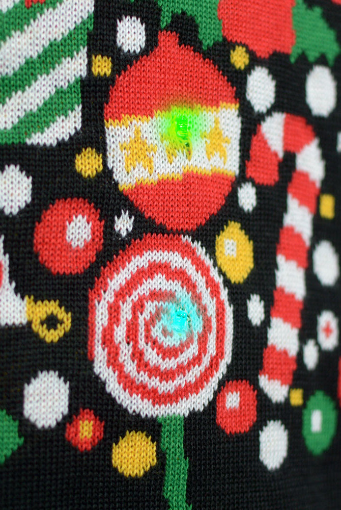Christmas Tree LED light-up Men's Black Christmas Jumper Detail