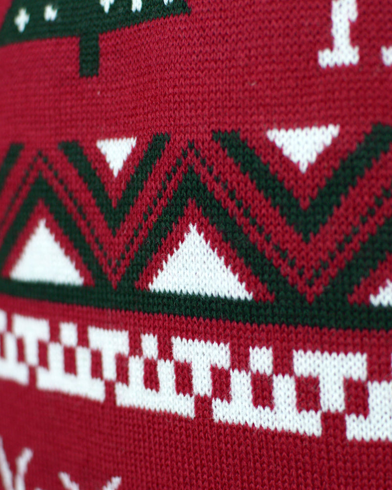 detail Red Couple's Christmas Jumper with Reindeers and Christmas Trees