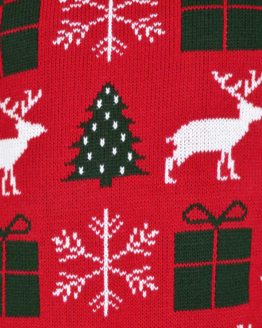 detail Red Couple's Christmas Jumper with Reindeers, Gifts and Trees