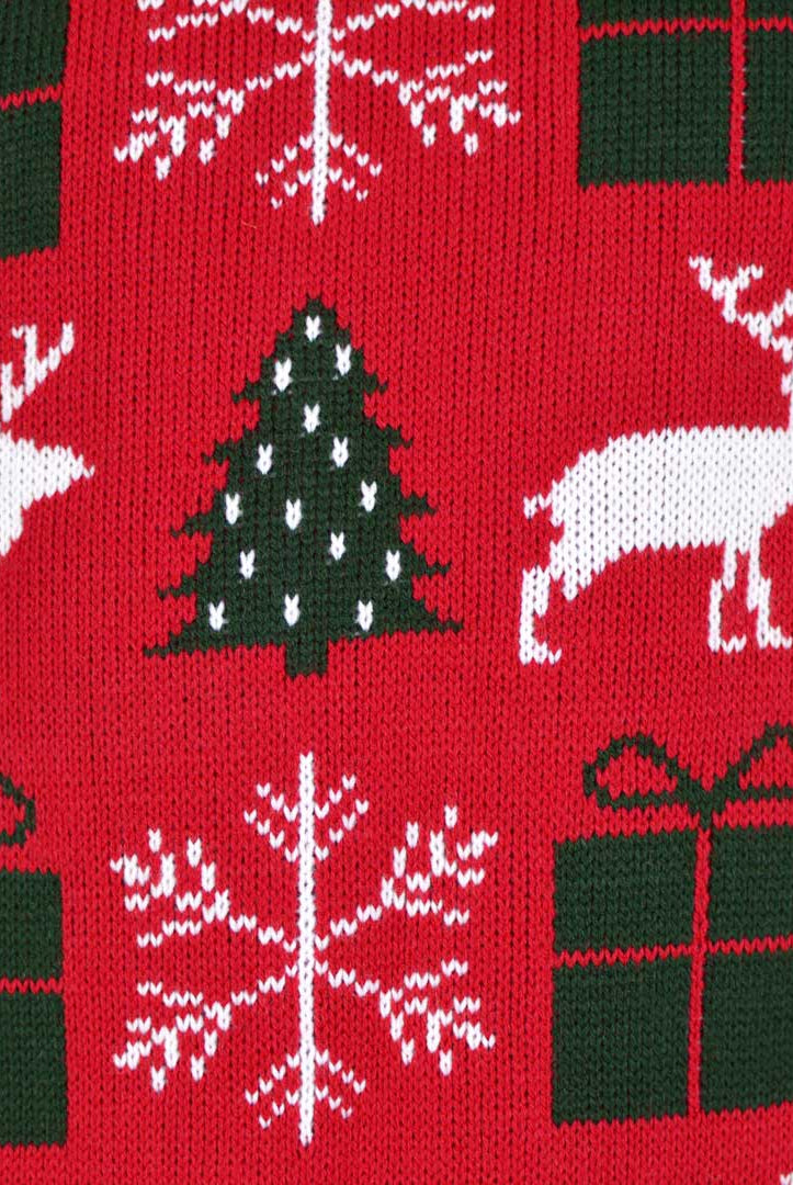 detail Red Couple's Christmas Jumper with Reindeers, Gifts and Trees
