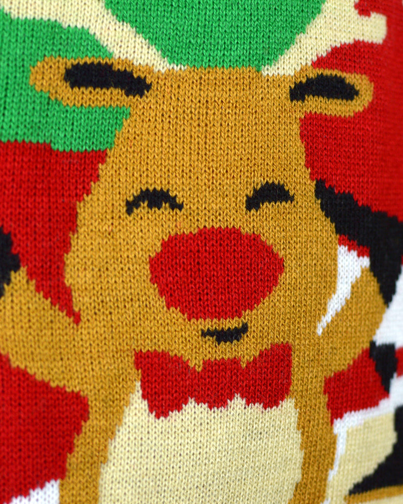 Detail Red Family Christmas Jumper with Santa and Reindeer Greeting