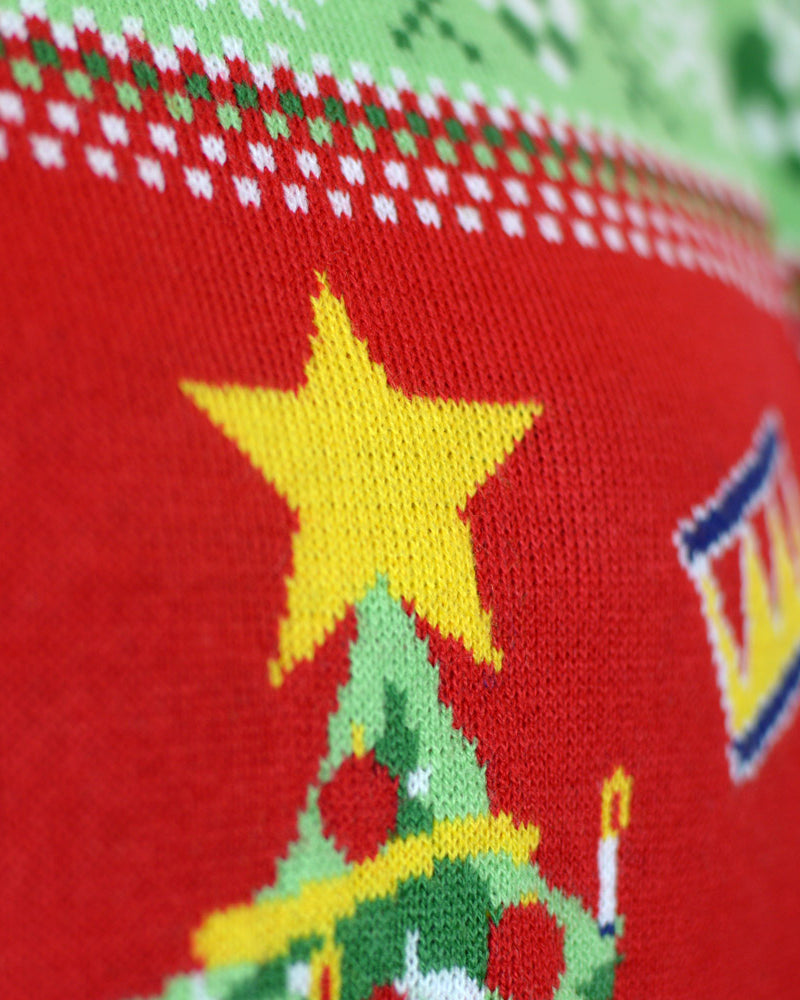 Red LED light-up Couple's Christmas Jumper with Christmas Tree detail
