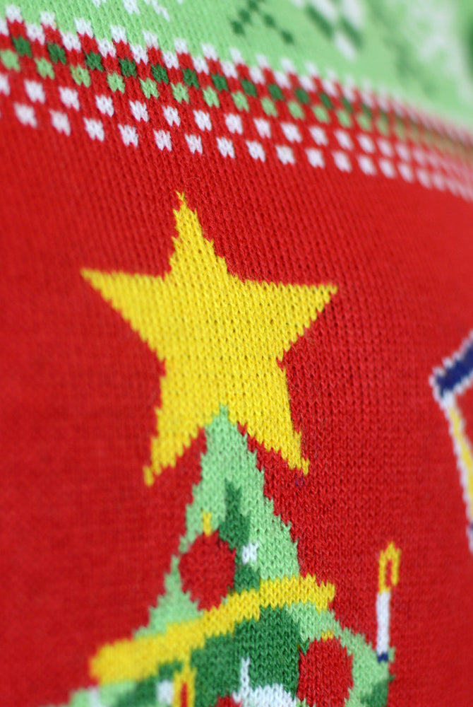 Red LED light-up Couple's Christmas Jumper with Christmas Tree detail